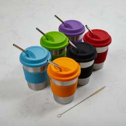Stainless steel cups 350ml 6 set with Silicone sleeve, lid and stainless Straws