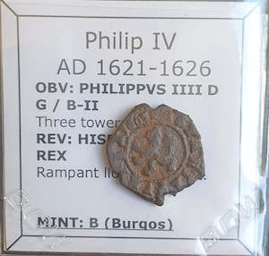 #o945# Spanish Medieval 2 maravedis coin of Philip IV from 1621-1626 AD