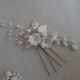 Evelyn - white flowers, crystal pearls, crystal clear beads and gold or silver leaves hair pins x2
