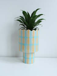 Scalloped Pedestal Planter in Blue and Mustard