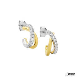 Jewellery: Ellani Bi-Tone CZ Crossover Hoop Stud Earrings