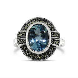 Jewellery: Esse Oval Blue Topaz & Marcasite Ring