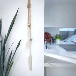 Large Cutlery (knife & fork) wall decor in Vanilla, with natural rope
