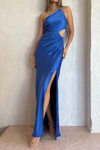 Oliviera Gathered Asymmetric Maxi Dress In Strong Blue