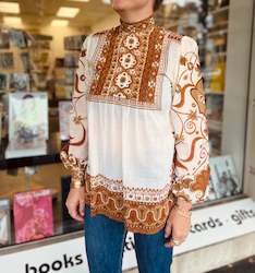 Clothing: 1970's Vintage Cream/Ginger Flower Power blouse