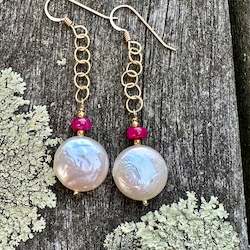 White coin pearl and ruby earrings