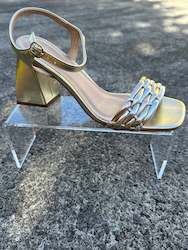 Shoe: Eli Block Heel Sandal Gold Metallic