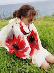 Shawls: Big Red Flower,Wearable art, scarf with bright, red poppy for any occasion, nunofelted shawl with merino wool and silk.