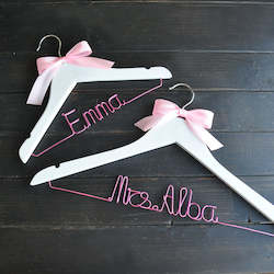 Event, recreational or promotional, management: Personalized Pink Wire Wedding Hanger