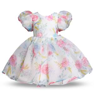 White Floral Puff Sleeve Flower Girl Dress