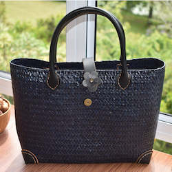 Rich Blue Handwoven Krajood Bag with Leather Handles | yompai